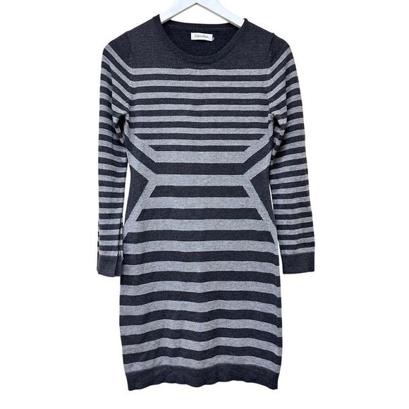 Calvin Klein Size Small Knit Sweater Mini Dress Black Gray Striped Closet Staple - Picture 1 of 8